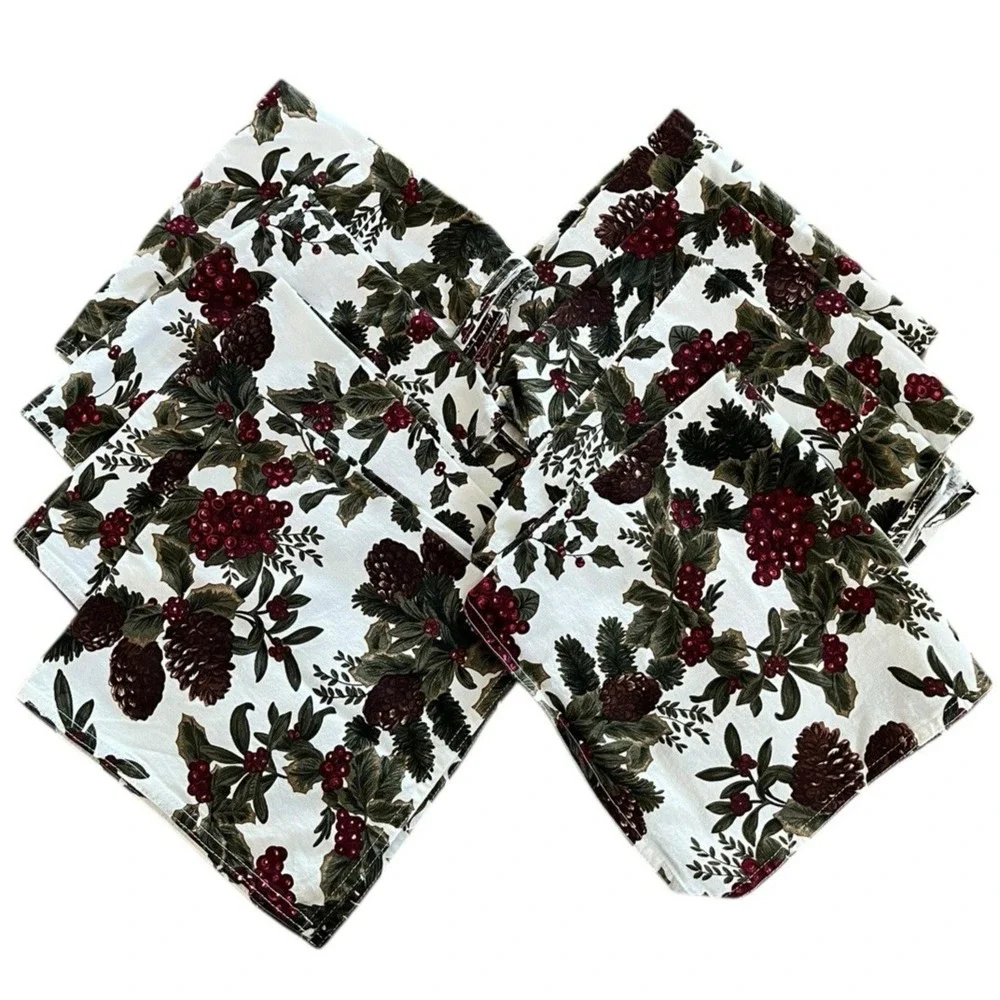 Ralph Lauren Birchmont Cloth Napkins Set of‎ 8 Cream Pinecone Christmas Holly